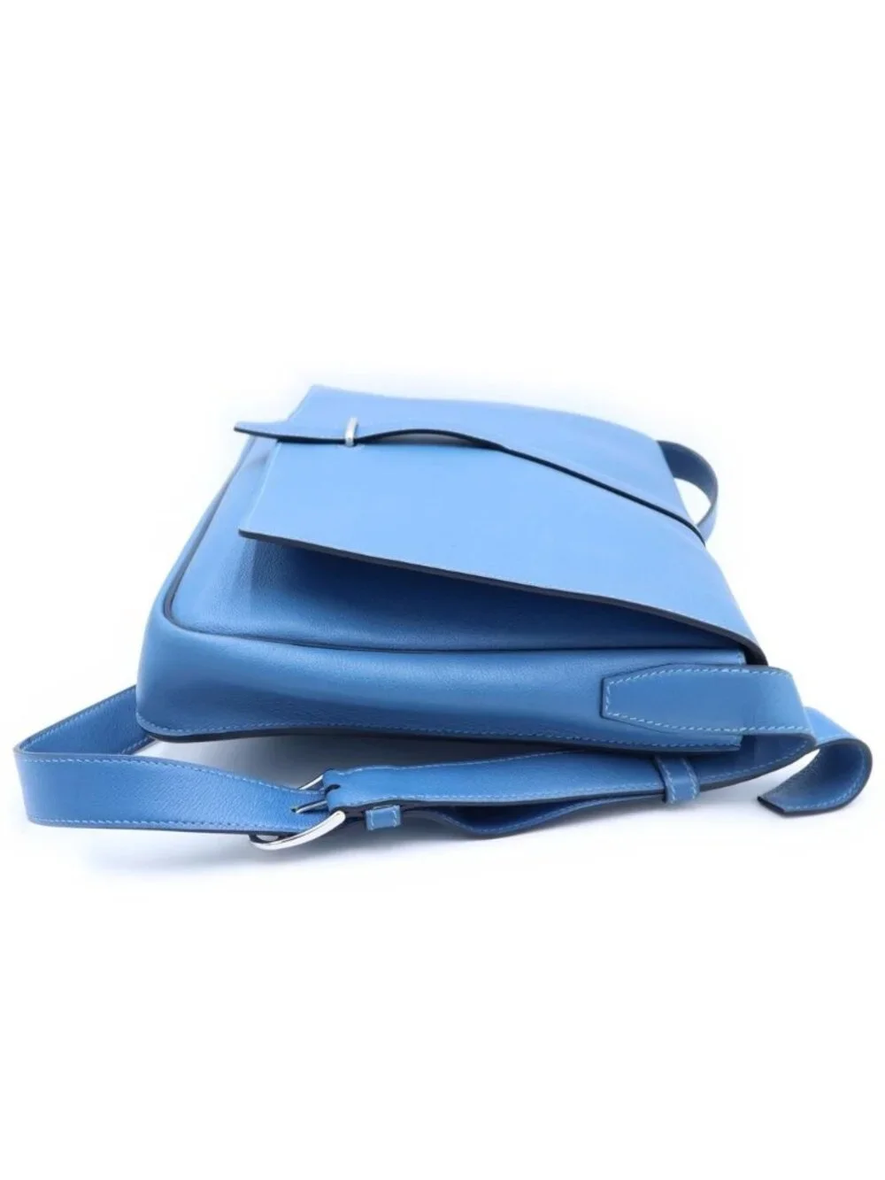 Hermes Steve Bright Blue Jean Shoulder Bag Leather Chevre Silver